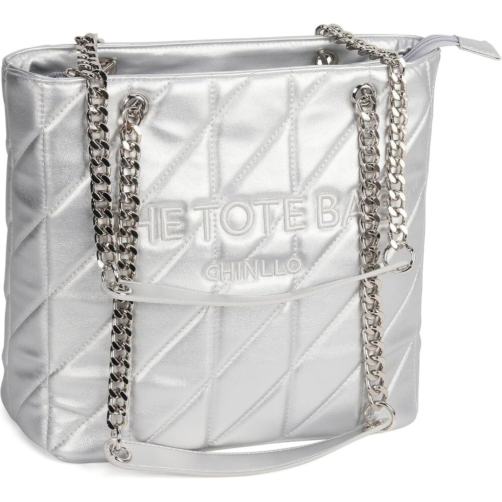 Women's Silver-Quilted PU Leather Sophisticated Elegant, Retro Style Tote Bag